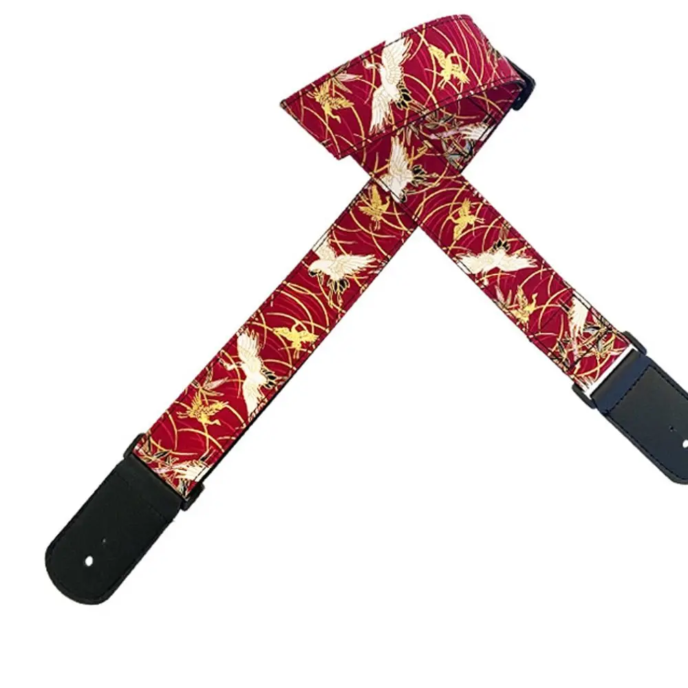 Vintage gitaarband geborduurde print rode gekroonde kraan elektrische gitaarriemen kersenbloesem etnische stijl gitaar schouderriem