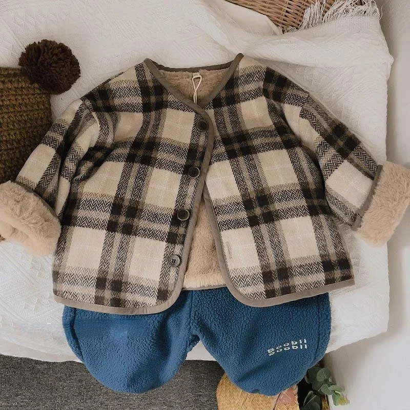 Woolen Plaid Children\'s Plush Coat Korean Version Autumn and Winter New Boys\' and Girls\' Coats Loose Baby Cotton Padded Clothes