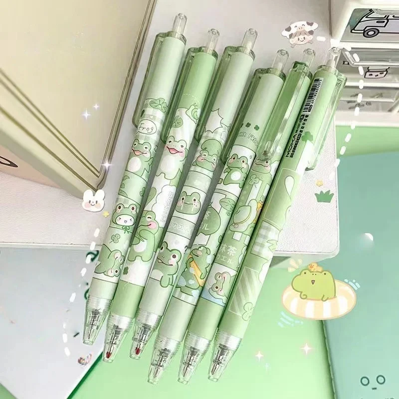 6/قطعة من أدوات مكتبية الفراولة والضفدع للكتابة على شكل قلم جل أسود ناعم قابل للاستبدال مناسب للدراسة المكتبية والاستخدام المدرسي.