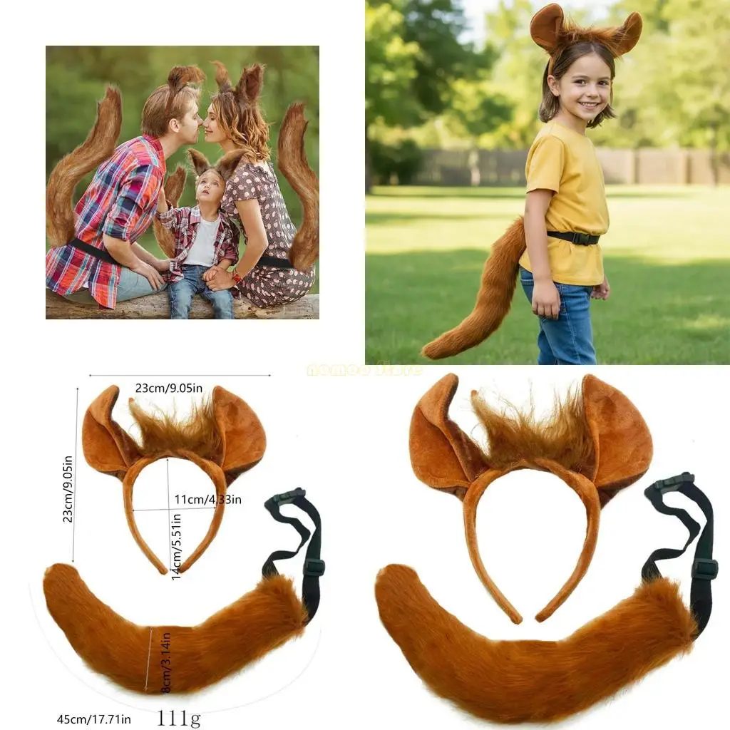 

31BF 2Pcs Animal Horse Costume Set with Horse Ears Headband Horse Tail Accessories for Halloween Fancy Dress Party Props