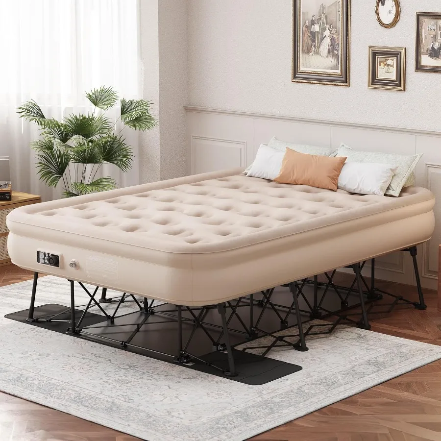Colchón de aire tamaño Queen con marco integrado y estuche rodante portátil con bomba automática incorporada para fácil instalación y Sto