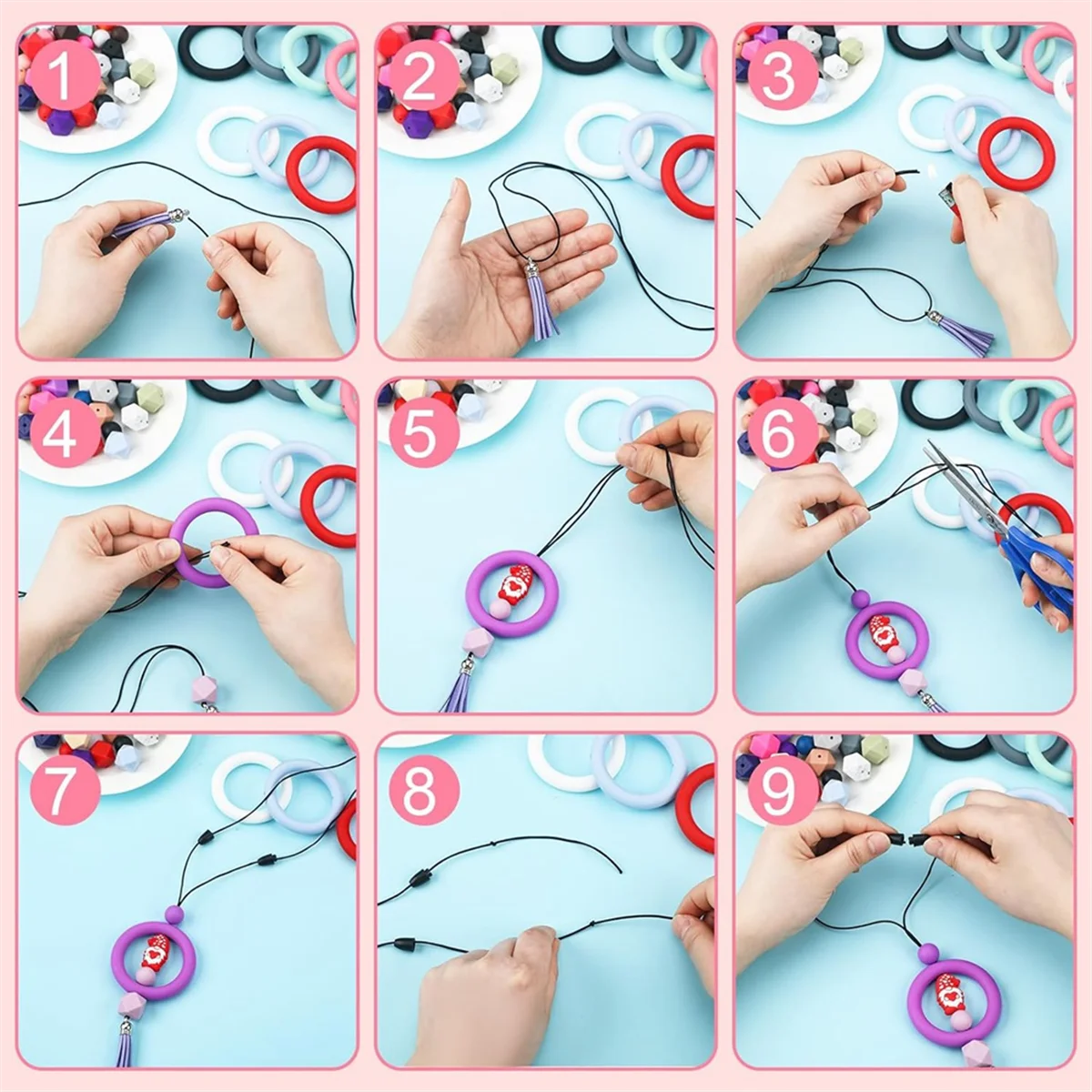 15 Sets Silicone Beaded Ring Making Kit,65mm Round Silicone Ring Silicone Beads Keychain Tassel for DIY Keychain Beads