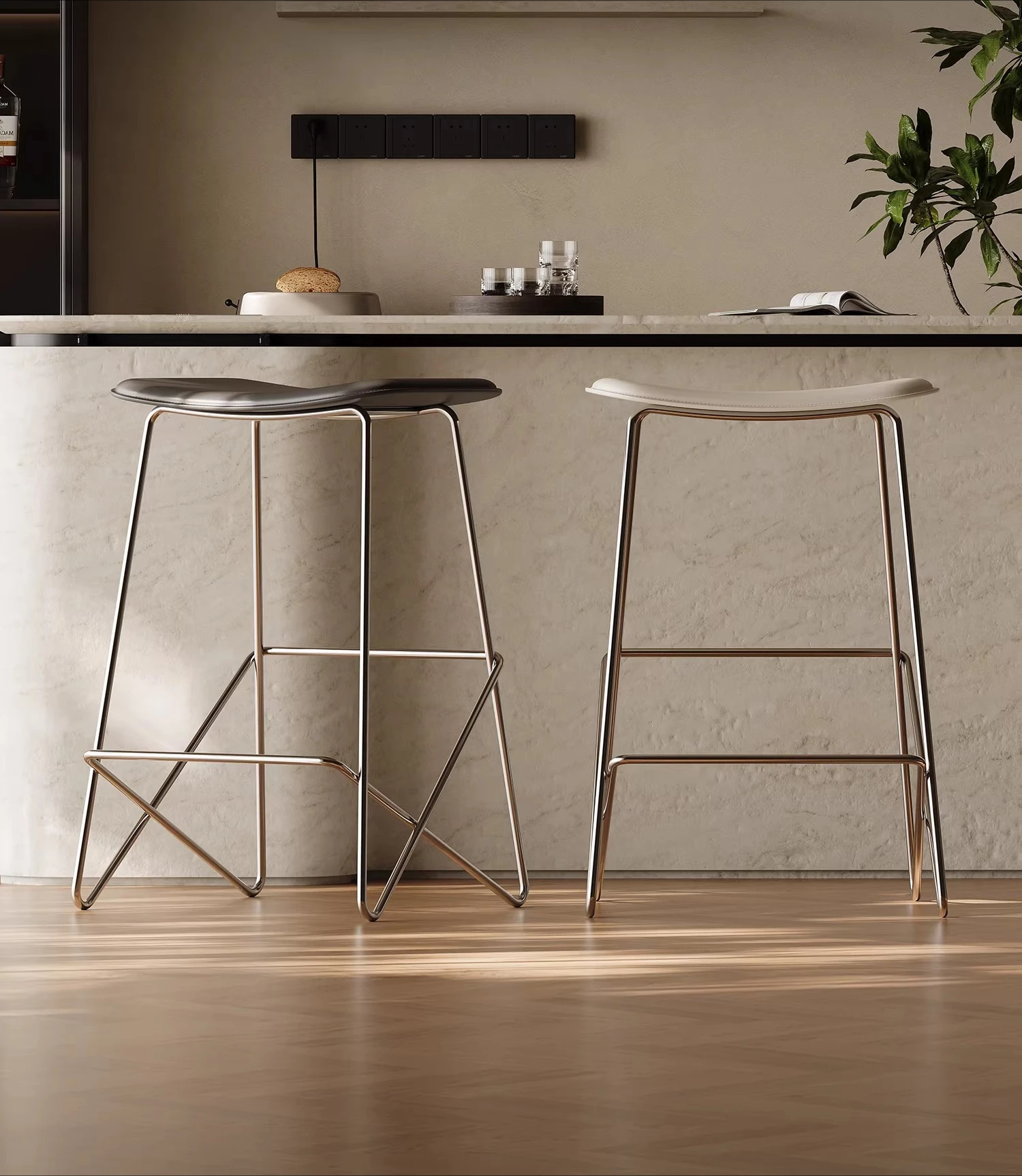 

Bar chair leather art high chair home living room stainless steel island chair saddle leather designer simple