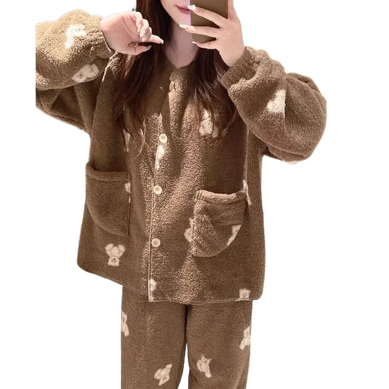 2Pcs/set women\'s pajamas winter coral fleece thickened warm students homewear V collar bear winter warm clothes young girls clot