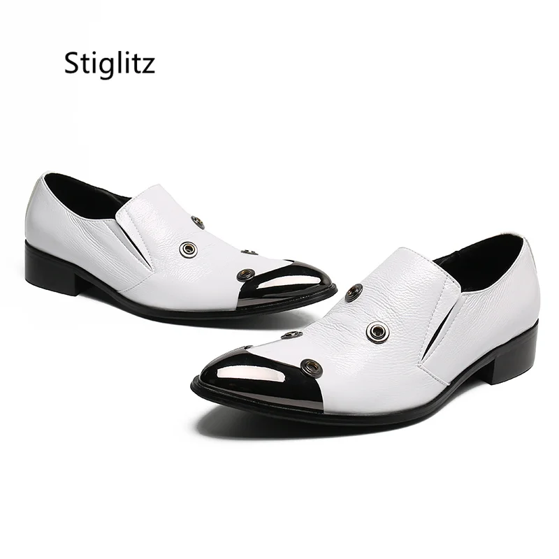 Men's White Wedding Shoes Bridegroom Metal Button Casual Leather Business Shoe Iron Head Slip On Dress Party Social Shoes Male