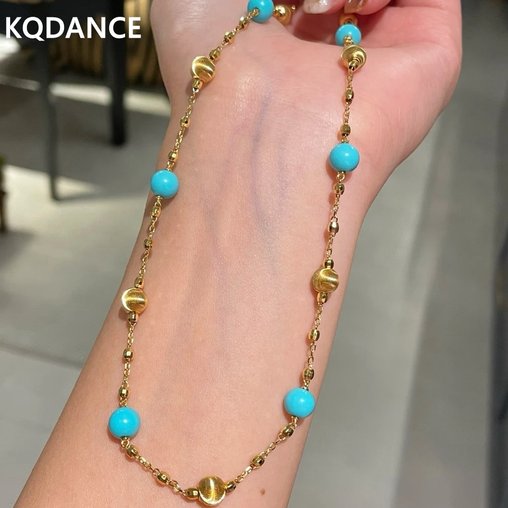 KQDANCE Luxury Solid 925 Silver with Round Blue Turquoise Gem Stone Bead Chains Necklaces For Women Fine Jewelry