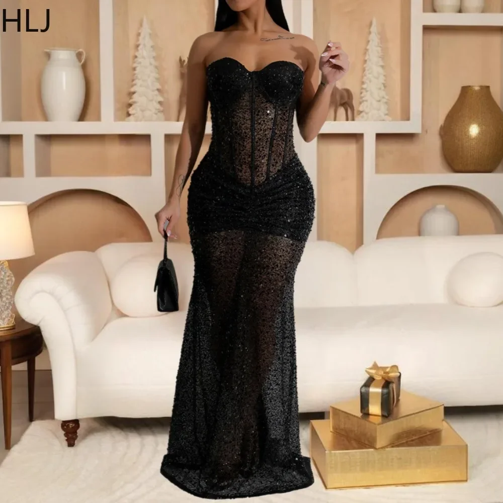 

HLJ New Spring Mesh Sequined Long Dress Women Tube Backless See Through Bodycon Dresses Female Elegant Party Clubwear Vestidos