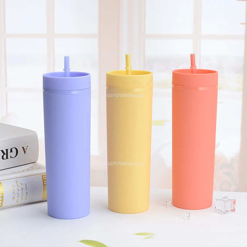 1pc Reusable Skinny 16oz Plastic Tumbler Double Wall Tumbler with Straw cups Tumblers Water Bottles Drinkware