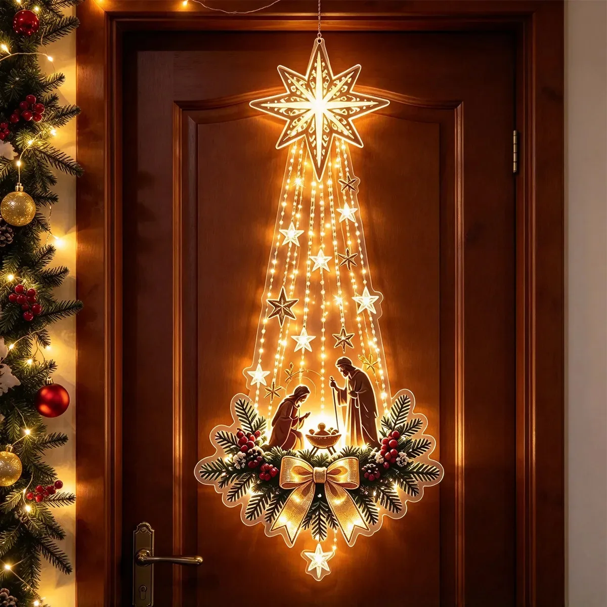 1Pc Christmas Door Hanger Glowing LED Light Up Decoration for Front Porch Entryway Wall Home Indoor Outdoor Holiday Party Gift