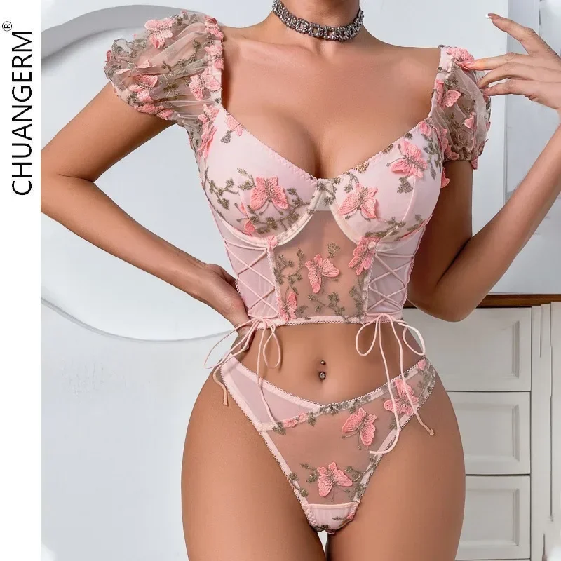 CHUANGERM Borduren Vrouwen Mesh Zien Door Sexy Lingerie Vlinder Seersucker Bandage Slanke Sensuele Intieme Ondergoed Set Kit