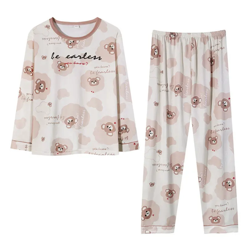 Autumn Ladies Japanese Style Cotton Long-Sleeved Pyjamas Two-Piece Set of Cute Bear Printing Can Be Outside the Homewear Trouser