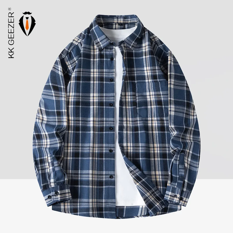 Camisa de hombre a cuadros de franela de manga larga azul suelta camisa Casual para hombre de gran tamaño primavera otoño cómoda camisa de vestir suave para hombre