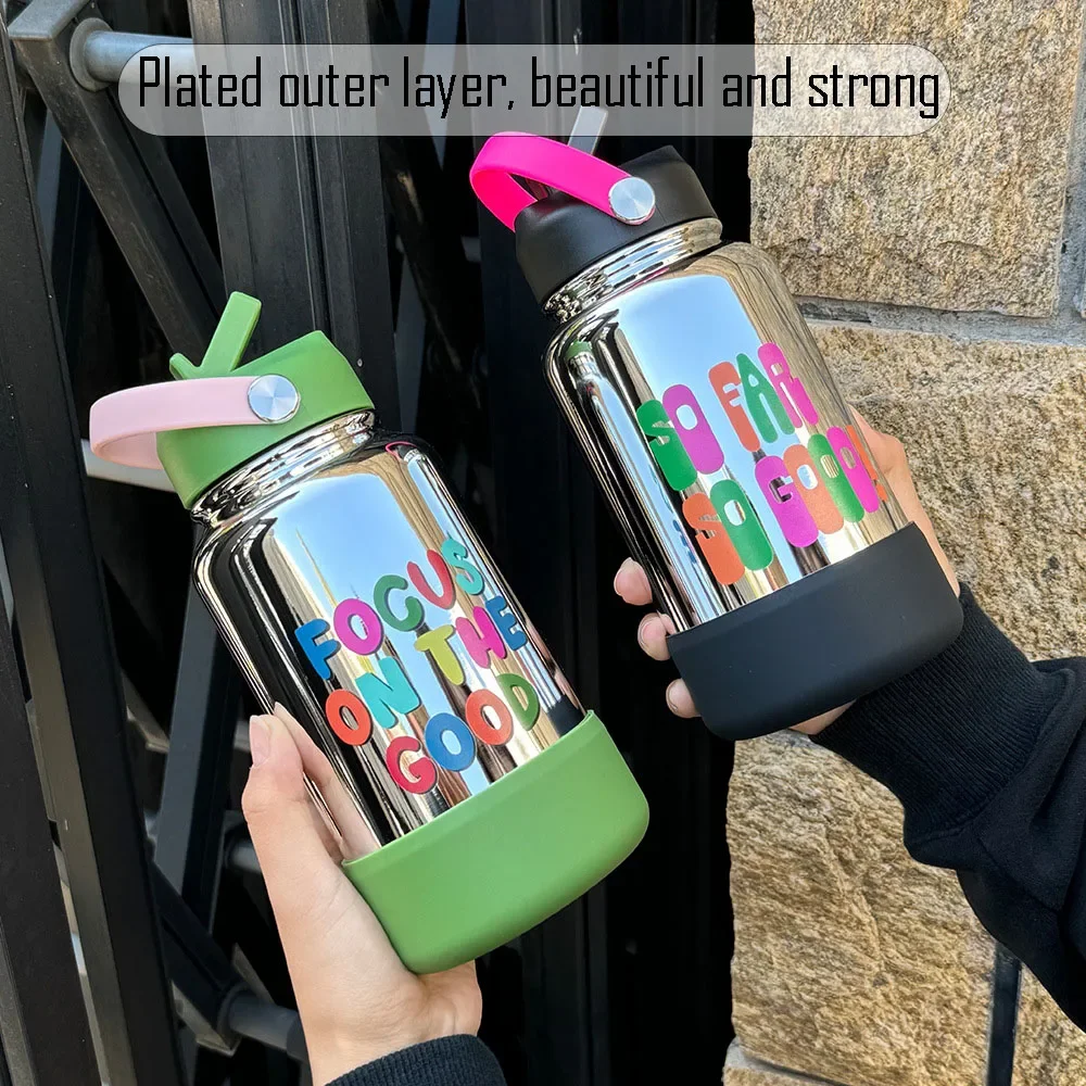 650ml Thermos Cup With Straw And Handle,Double Layer Stainless Steel Vacuum Flasks,Electroplated Drinkware,Sports Water Bottle