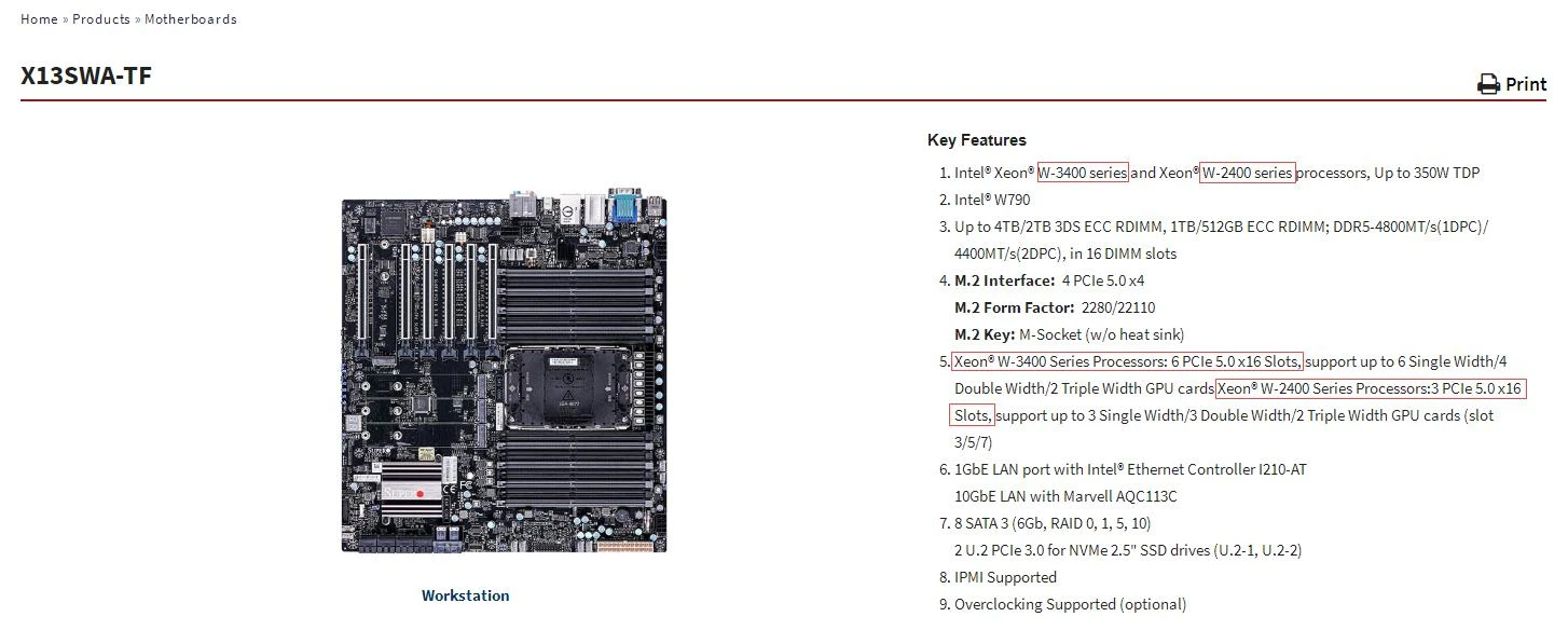 X13SWA-TF для материнской платы Supermicro E-ATX, процессоров серии Xeon W-3400/W-2400, DDR5-4800MT, PCIe 5.0