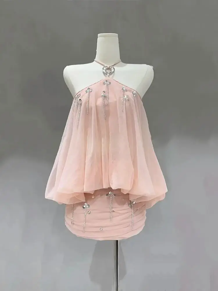 

New Summer Women Sexy Chiffon Halter Two piece Sleeve Top Mini Skirt Sets Casual Club Backless Fashion Party Birthday Outfit