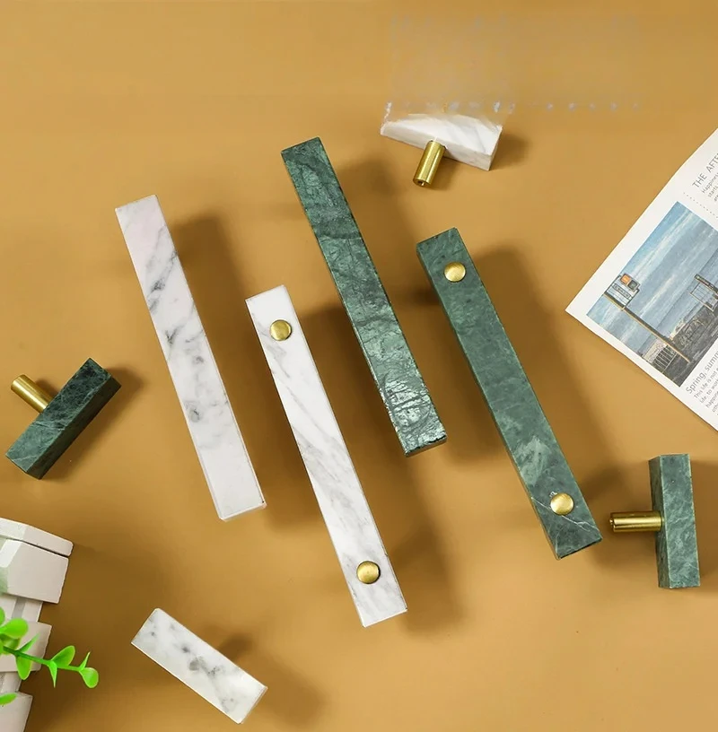 

50/130MM Square Strip Furniture Handle Drawer Knob Natural Marble Brass Handles For Kitchen Wine Cabinet Door Wardrobe Pulls Diy