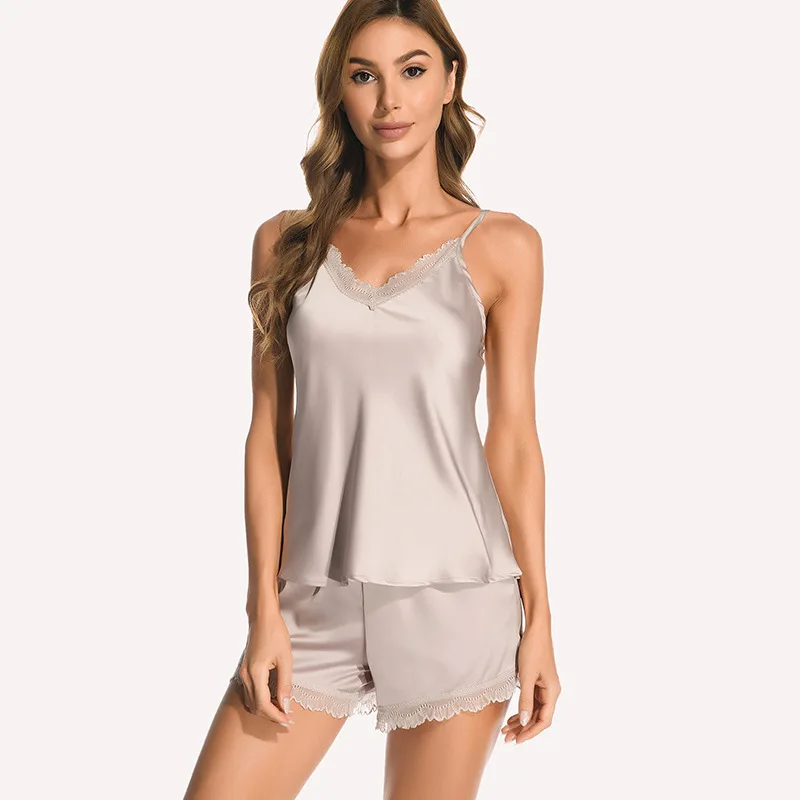 

Женская пижама на подтяжках из ледяного шелка с v-образным вырезом, домашняя одежда, топы, шорты, комплект, сексуальное кружевное нижнее белье с открытой спиной, одежда для сна из искусственного шелка