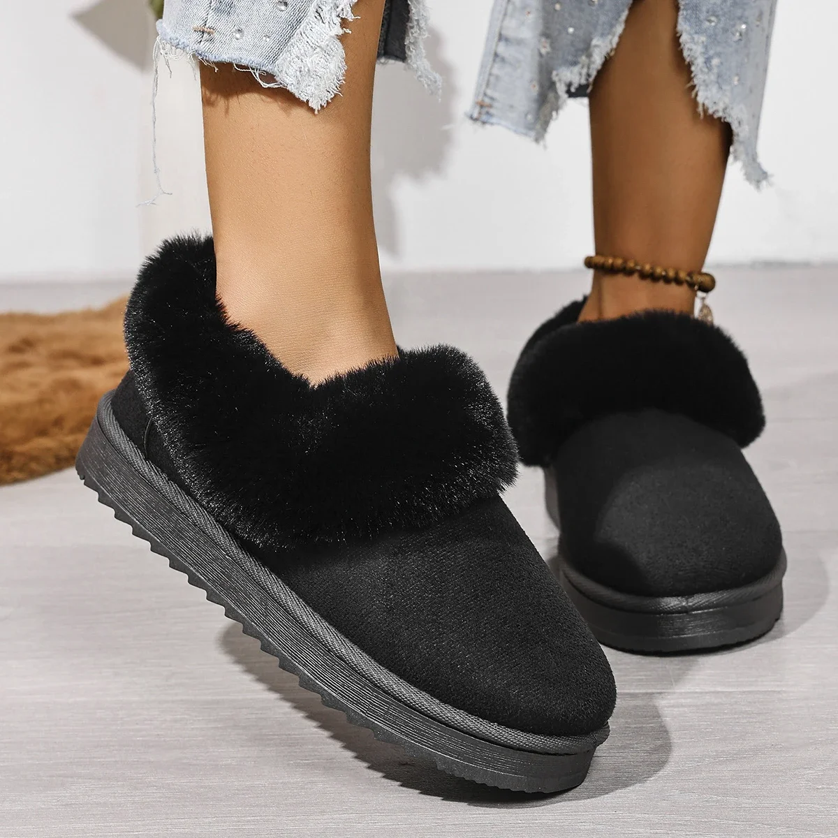 

Новые модные замшевые теплые зимние ботинки большого размера на толстой подошве для женщин, зимние сексуальные удобные повседневные прогулочные ботинки с круглой головкой