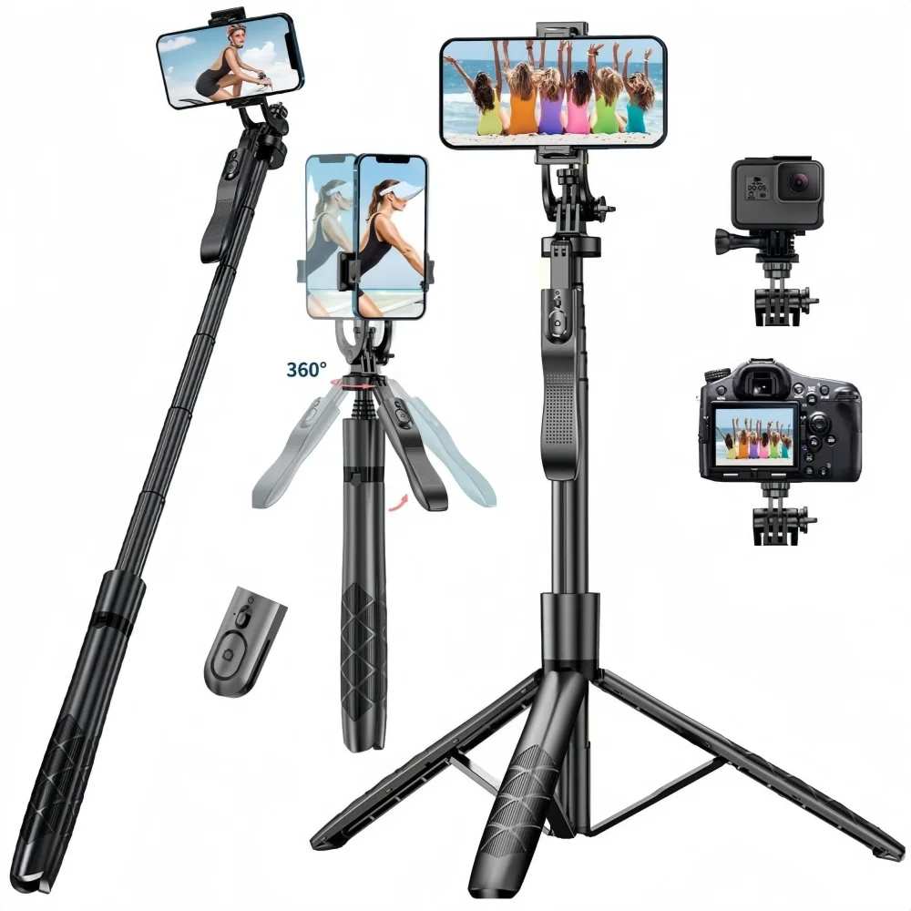 Tripé de bastão de selfie sem fio extensível de 1,55 m com controle remoto Bluetooth para iPhone Android GoPro, 360 ° Suporte de telefone giratório para vídeos