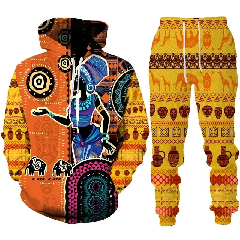 Ethnic Hoodie Set Men 3d Print Hoodies Trousers Suits Men Tracksuit Sets Personality Oversize Long Sleeve Ethnic Style Suit