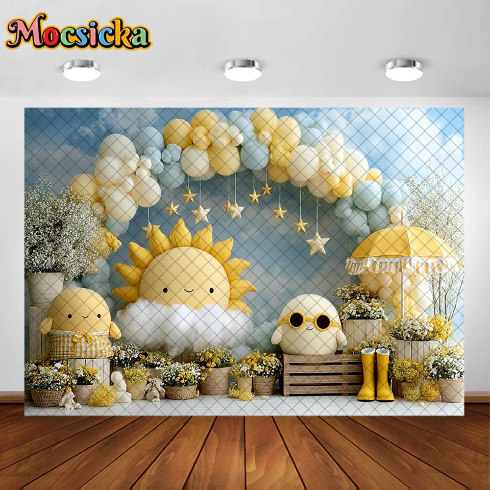 Mocsicka Photography Background Cartoon Sunflower Balloon Arch Decoration Cake Smash Newborn Birthday Party Portrait Studio Prop