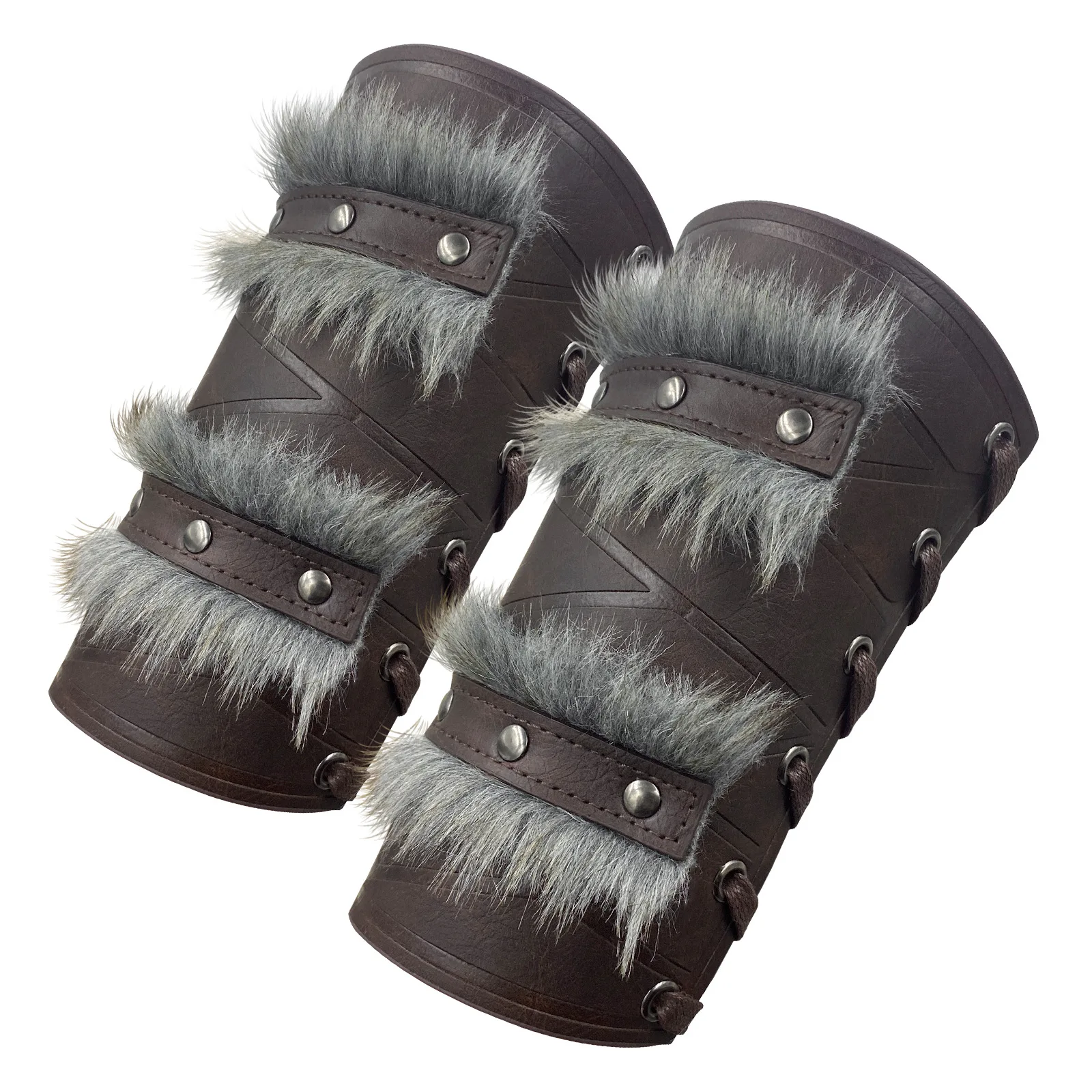 Medieval Double-layer Fur Leather Armor Arm Warmers Viking Knight Gauntlet Wristband Rivet Bracer Cosplay Accessories