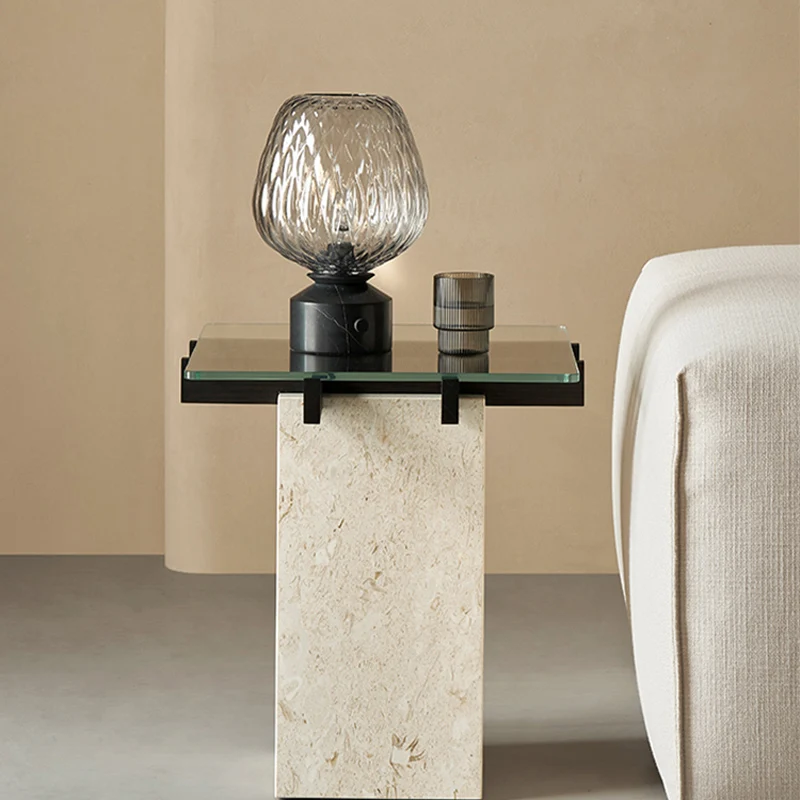 Table en marbre à bord travertin, table d'appoint de canapé de salon, petite table basse mobile, petite table de balcon créative pour la maison