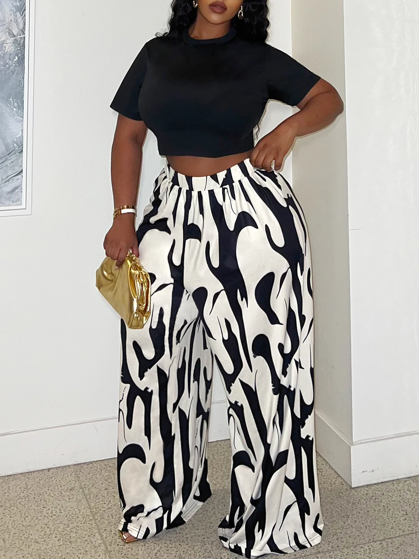 

LW Plus Size Two pieces sets Round Neck Print Wide Leg Pants Set short sleeve T-shirt + loose pants suit casual women's matching