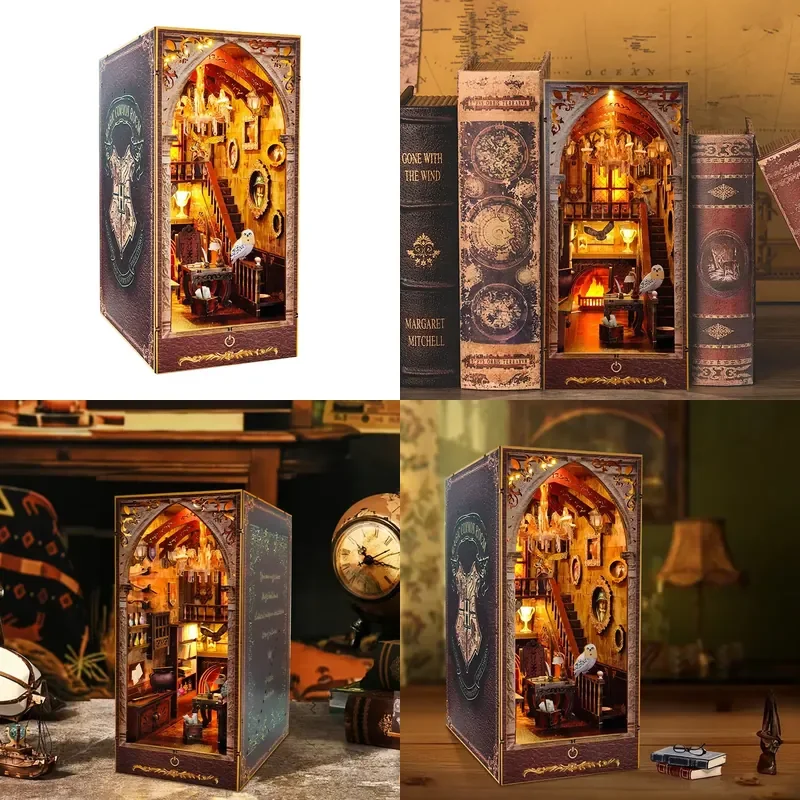 DIY Wooden Magic Academy Book Nook Figurines Miniatures Bookend Handmade Bookshelf for Friends Birthday Gifts Home Decor