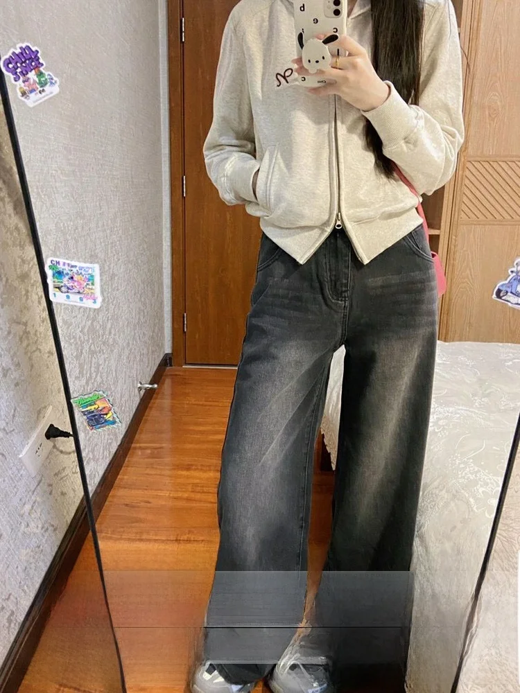 하이웨이스트 와이드 레그 진 여성용 가을 겨울 루즈핏 다용도 블랙 웨이드 레트로 슬레 여성용 진 스트레이트 컷