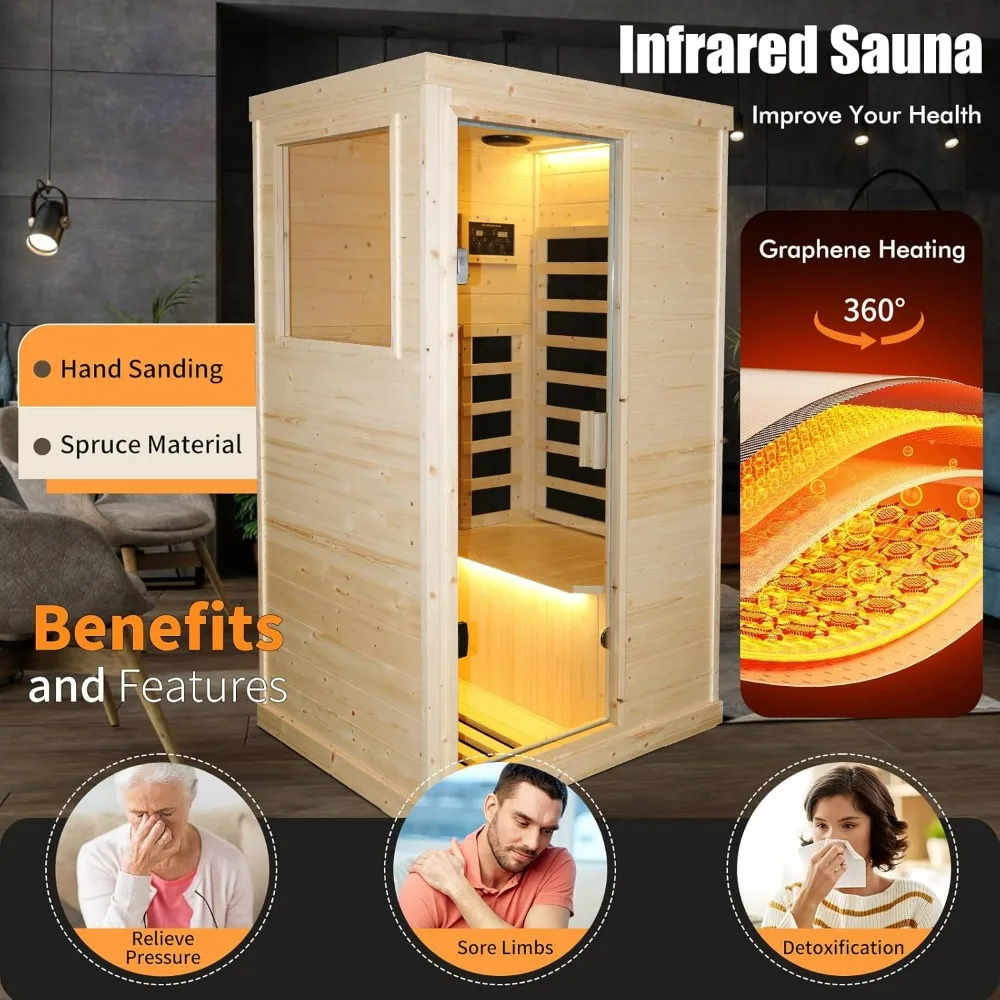 Far Infrared Wooden Sauna Room Home Sauna Spa Dry Saunas Single Person Spa Finland Spruce Wood Fit for 7ft Person, Sauna Room