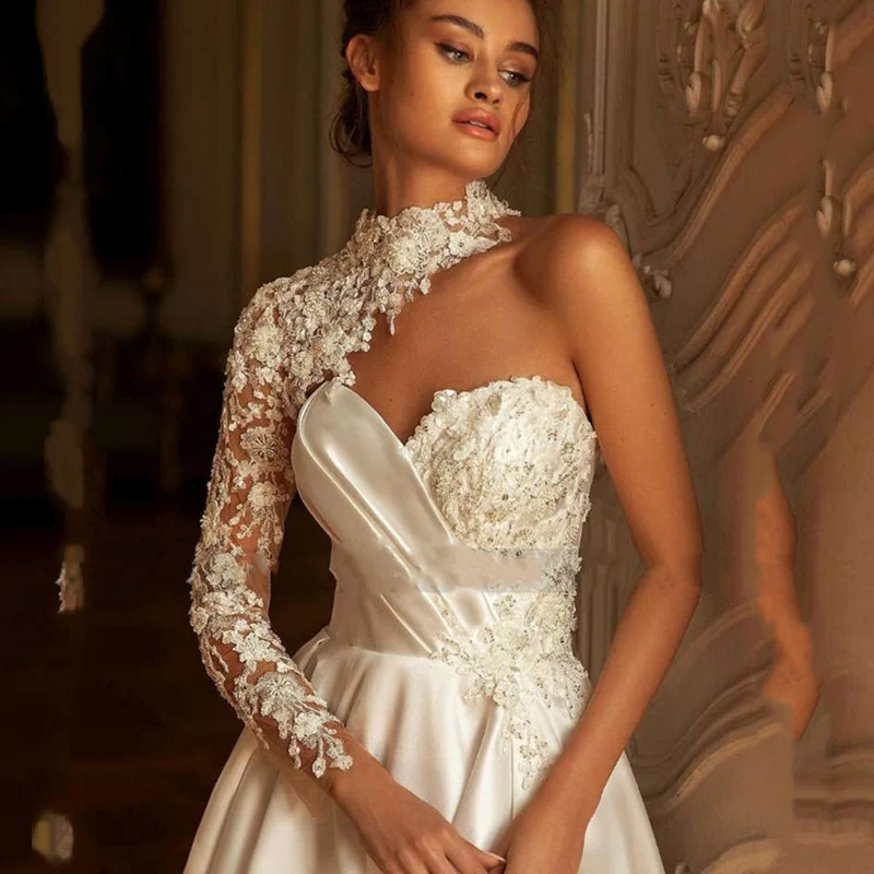 

Элегантное свадебное платье с длинными кружевными рукавами на одно плечо с открытой спиной на молнии Свадебное платье с аппликацией атласное платье со шлейфом