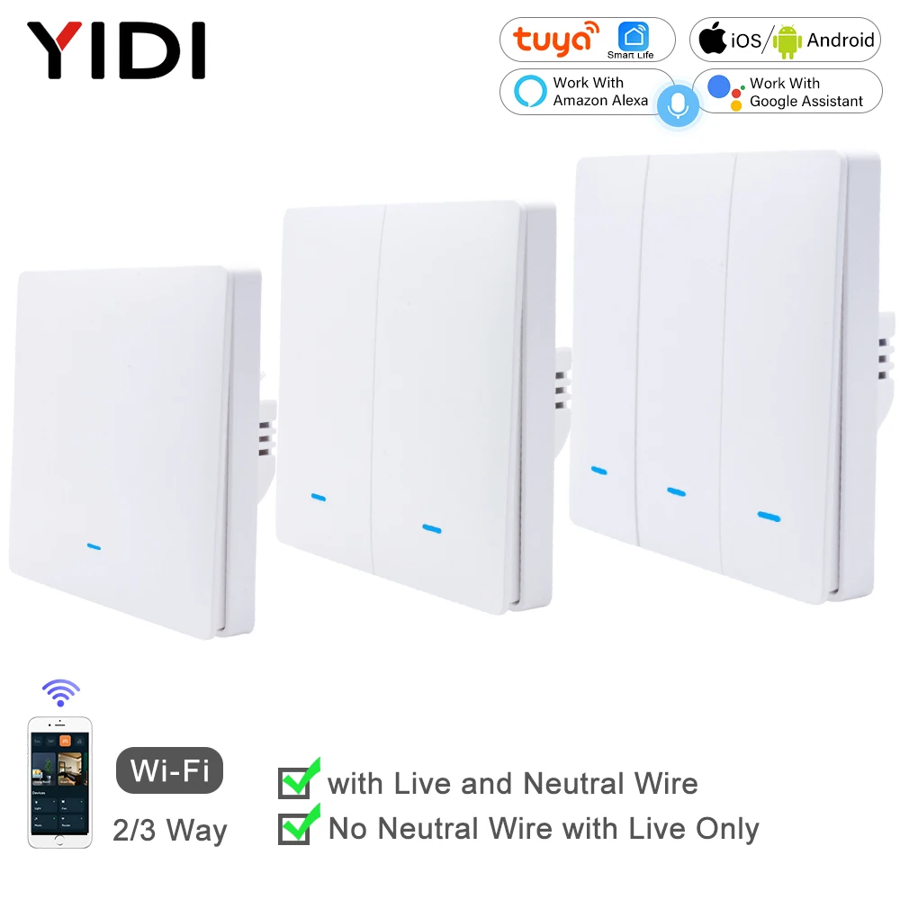 

1 2 3 Gang 2 3 Way Tuya WiFi Smart Life Home Wall Light Switch Button Pusher Europe Standard Remote Control with no Neutral EU