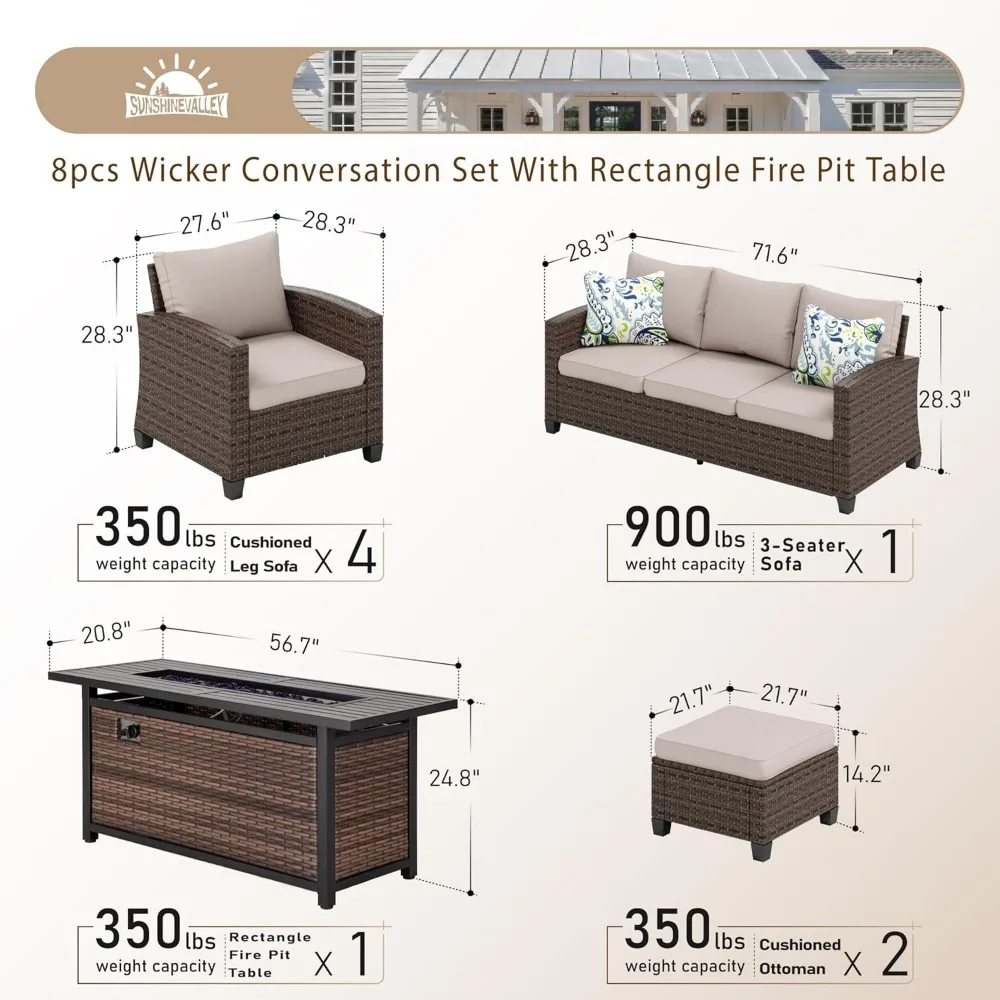 Terrassenmöbel-Set, Gartenmöbel, braunes Korbgeflecht, Rattan, Terrassen-Gesprächssets, Kissen, Außen-Sofa-Set, 7-teilig, rechteckig