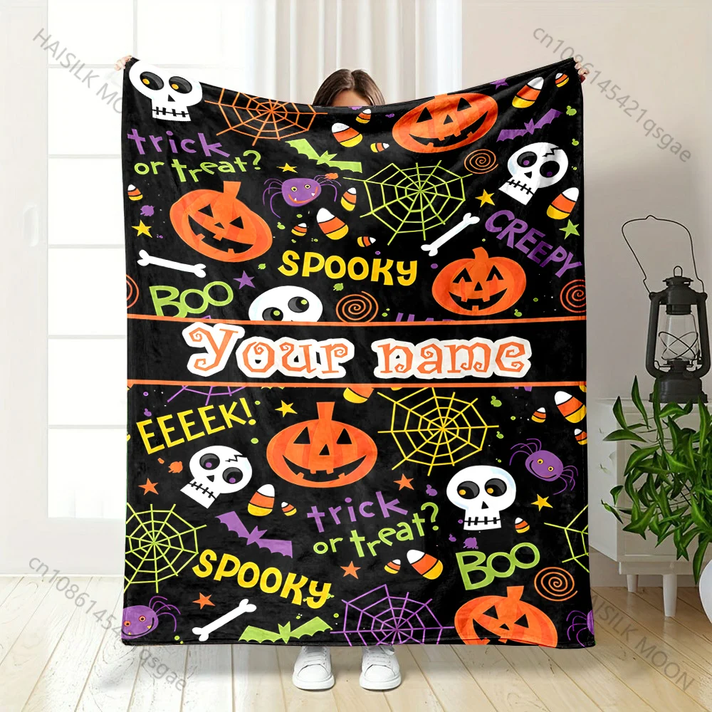 

Custom Name Blanket Cartoon Halloween Elements Print Fluffy Soft Flannel for Home Sofa Travel RV Holiday Gifts Multi Size