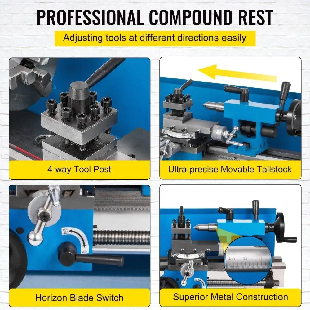 مخرطة معدنية صغيرة دقيقة مقعد علوي 7 × 14 بوصة 550 وات سرعة متغيرة 50-2500 دورة في الدقيقة ترس نايلون مع مصباح متحرك