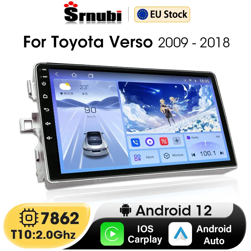 Srnubi Wireless Carplay 2Din Android 12 Car Radio Stereo for Toyota Verso R20 2009 - 2018 Multimedia Player Navigation Head Unit