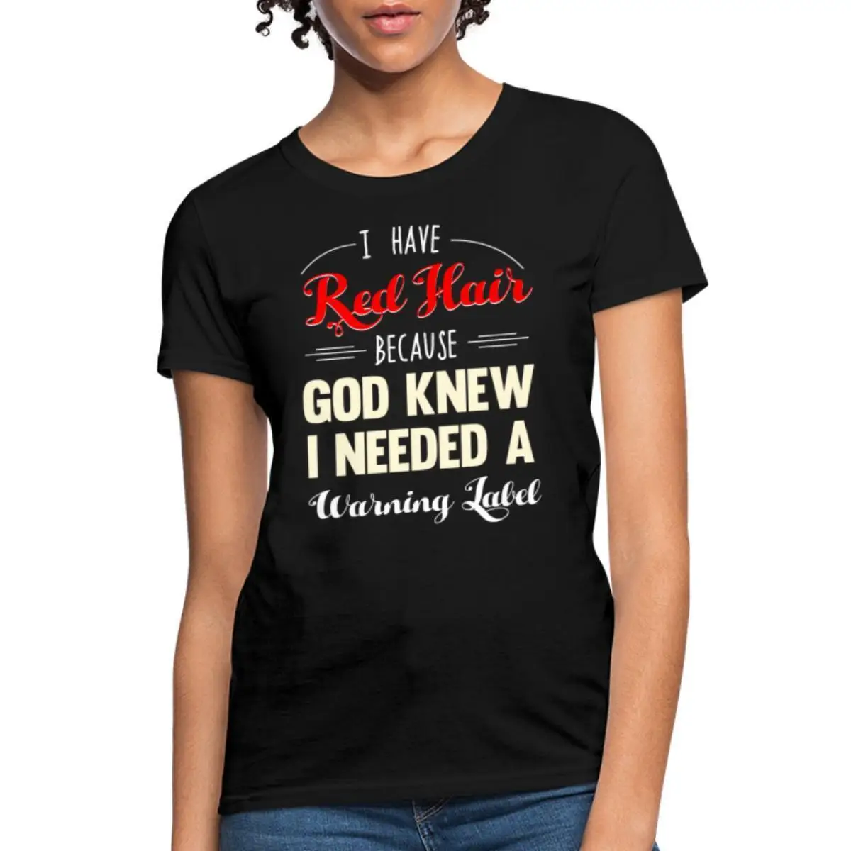 

Женская футболка с предупреждающей этикеткой «Я есть красные волосы»