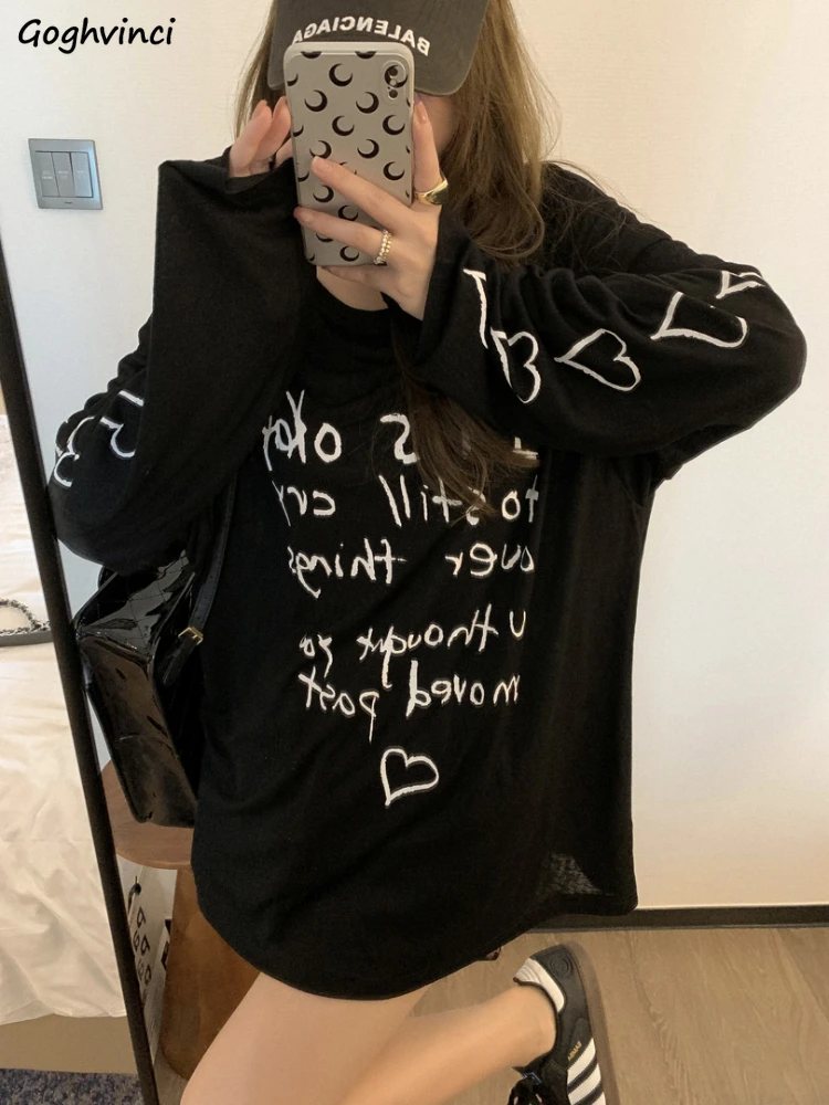 

Long Sleeve T-Shirts Women Letter Printed Korean Fashion Loose Fit Sun-proof All-match Daily Spring Autumn Tops Young Streetwear