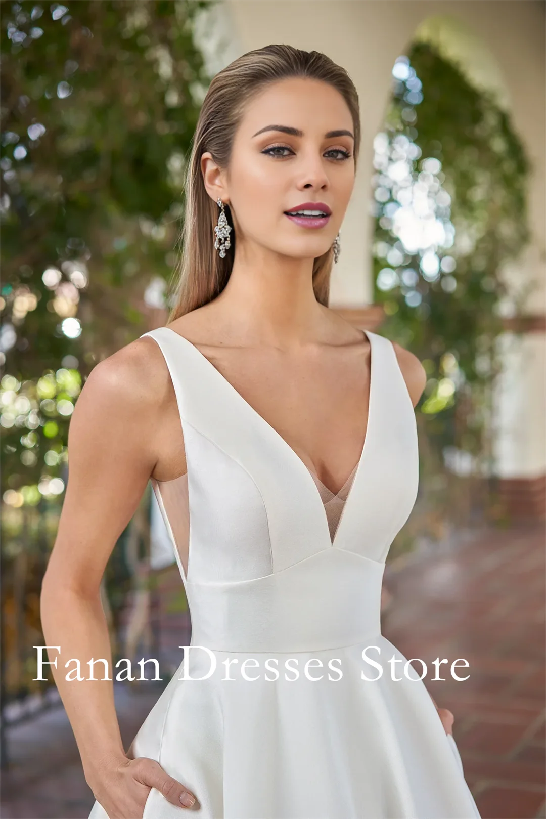 FANAN 딥 브이넥 새틴 신부 드레스 사이드 포켓 포함 A라인 민소매 백리스 웨딩드레스 웨딩드레스 아이보리 맞춤형