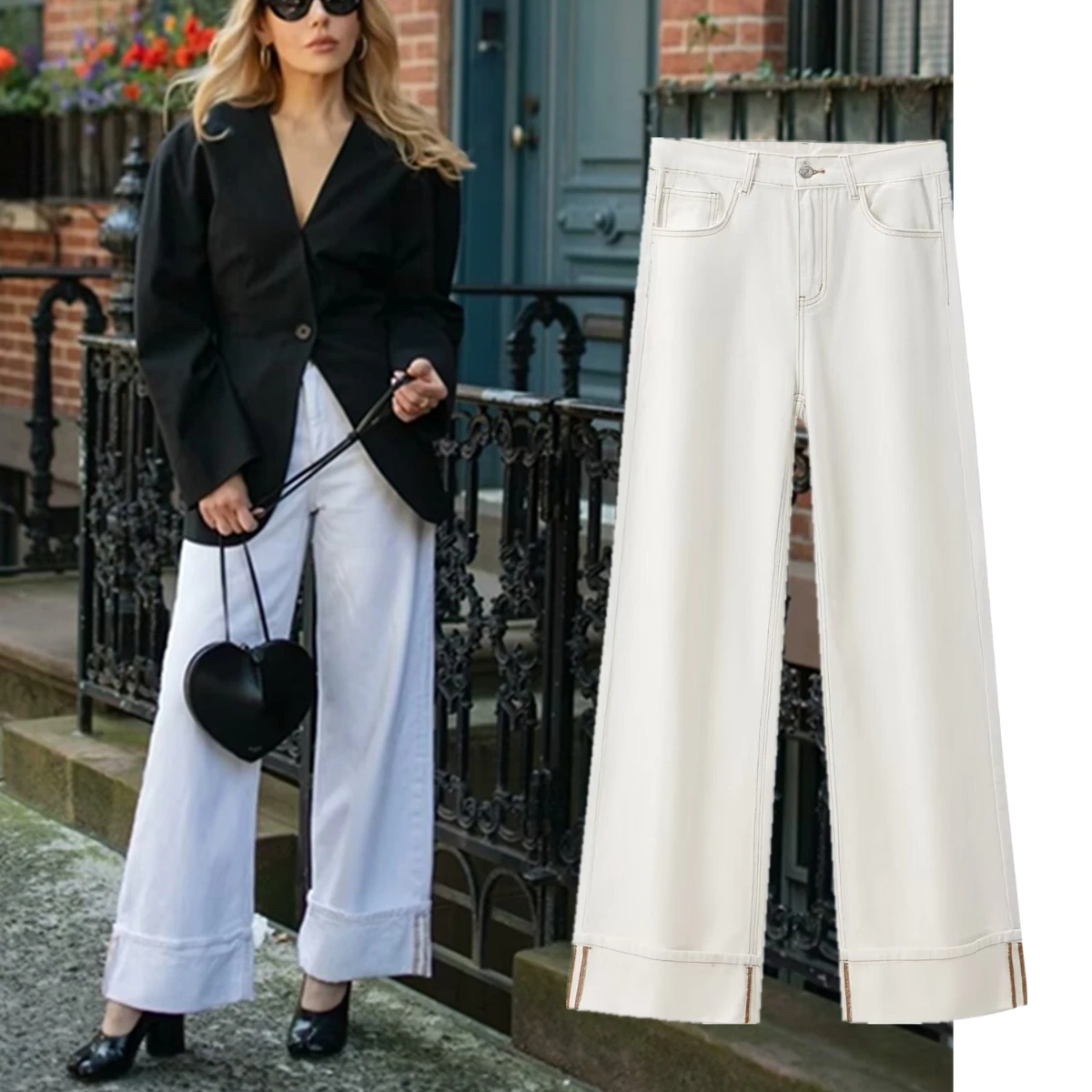 

Withered Wide Leg Jeans Women Casual Trousers Vintage Loose Mom White High Waist Jeans With Contrasting Stitching