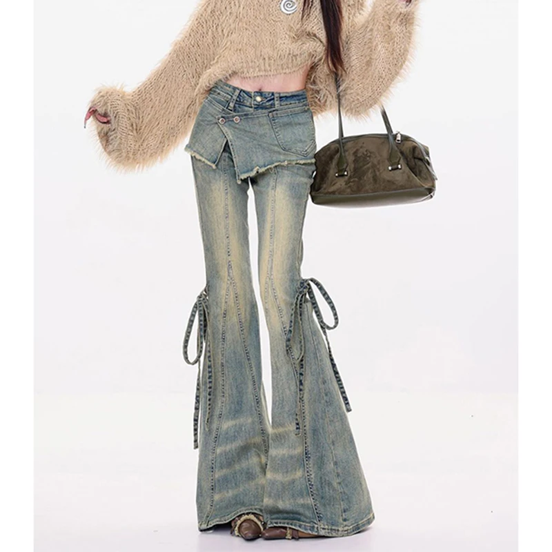 

MEXZT Vintage Flare Jeans Women Y2K Harajuku Patchwork Bandage Denim Pants Streetwear Grunge High Waist Casual Design Trousers