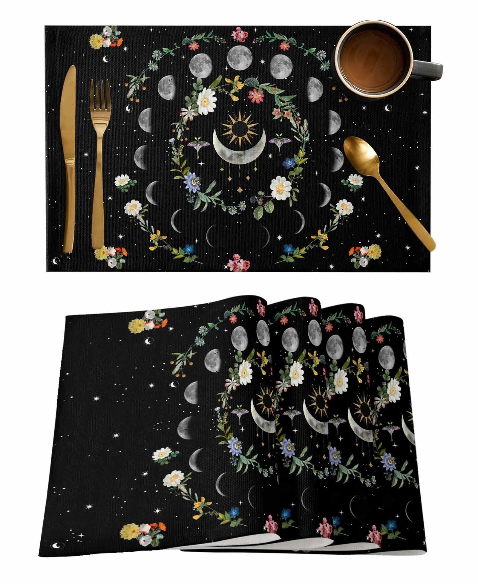 Lunar Flowers Plants Retro Stars Black Table Runner Luxury Wedding Decor Table Runner Home Dining Holiday Decor Tablecloth