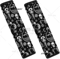 Car Seat Belt Pad Cover 2 Pack Halloween Goth Gothic Raven Crow Skull Sun Moon Tattoos Safety Belt Strap Luggage Shoulder