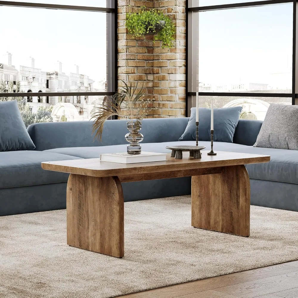 Farmhouse Coffee Table, 47 Inches Wooden Center Tables with Rounded Corners, Rectangular Living Room Tables, Modern Low Cocktai