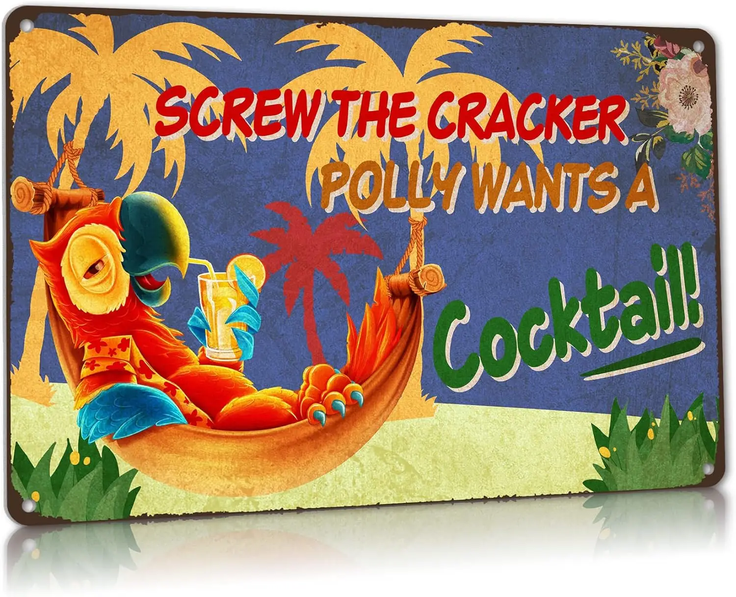 Vintage coffee bar Sign Screw The Cracker Polly Wants a Cocktail Sign Funny Metal Tin Sign Home Tiki Luau Wall Decor, Patio Deco