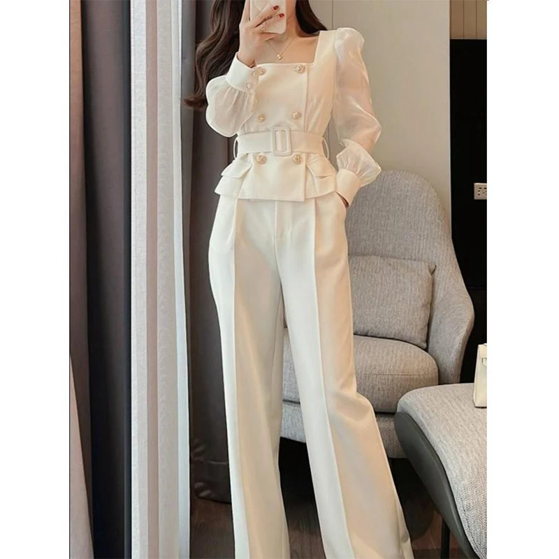 Spring Autumn Office Lady Elegant Fashion Double Breasted Belt Blazer Top Wide Leg Pants Set Women\'s Clothing Female White Suit