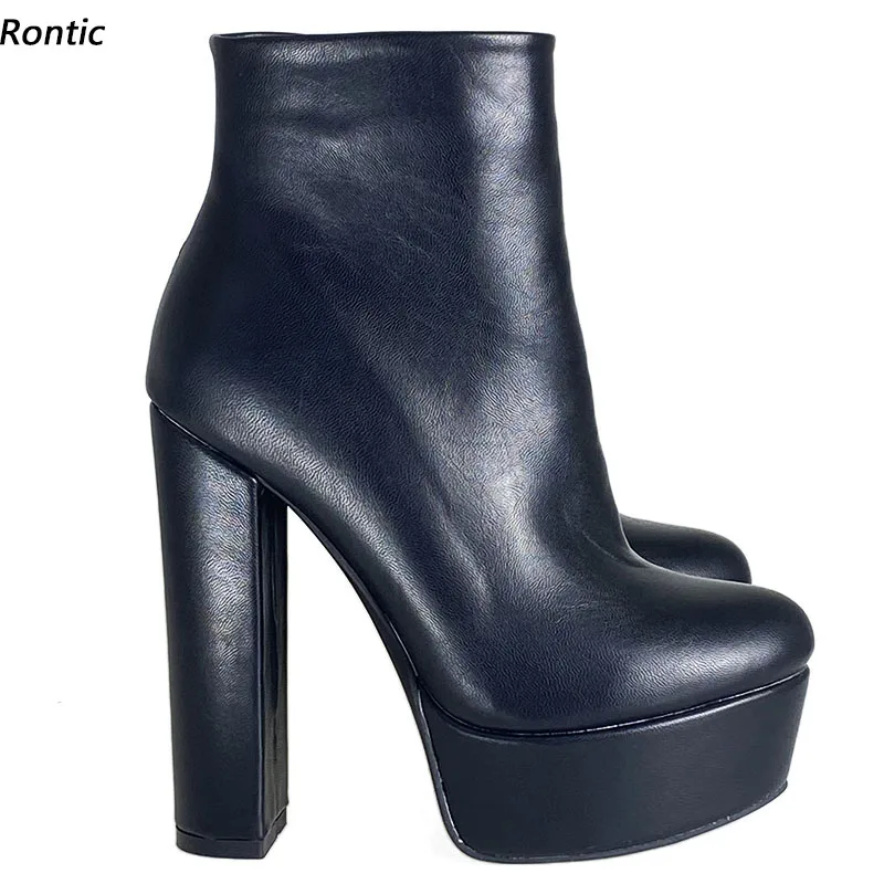Rontic Change Color Free Handmade Women Platform Ankle Boots Block Heels Round Toe Pretty Black Party Shoes Ladies US Size 5-20