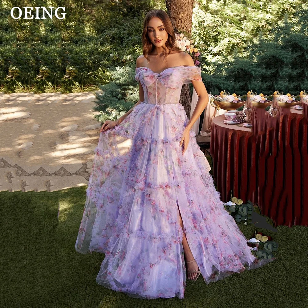 

OEING Sweetheart Floral Print Prom Dress For Women Boat Collar Short Sleeves High Waist Mesh Off The Shoulder Party Dresses