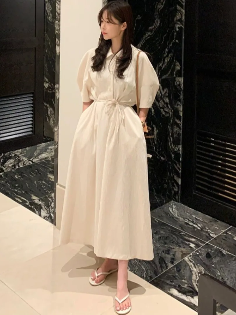 

Ele Textured Lantern Sve Dr Women's Summer New Waist Cinching Belt Long Skirt Ele Aosphere Texture Sense